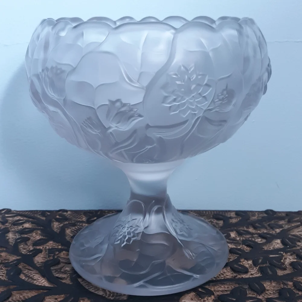 Fenton Satin Glass Water Lily Pedestal Compote Floral Candy Chalice Cup Bowl